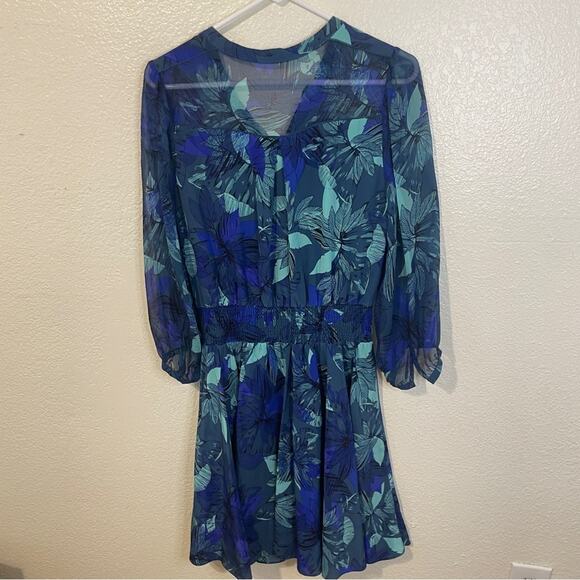 Rebecca Taylor Smocked Tahitian Flower 100% Silk Chiffon Dress Blue Floral Sz 4 - Picture 9 of 11